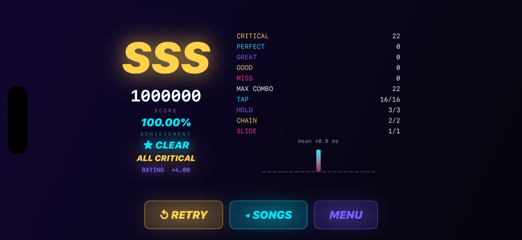 PULSIVA result screen — SSS grade, 1,000,000 score, ALL CRITICAL