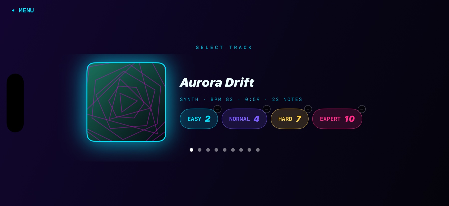 PULSIVA track select — Aurora Drift with EASY, NORMAL, HARD and EXPERT charts