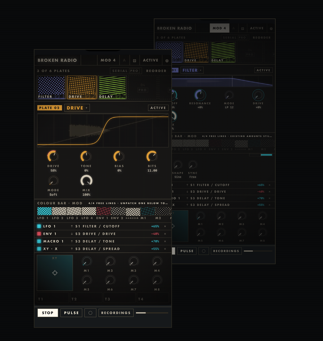RasterFX running on iPhone: a three-slot effect chain with filter, drive and delay, a modulation colour bar, and an XY performance pad.
