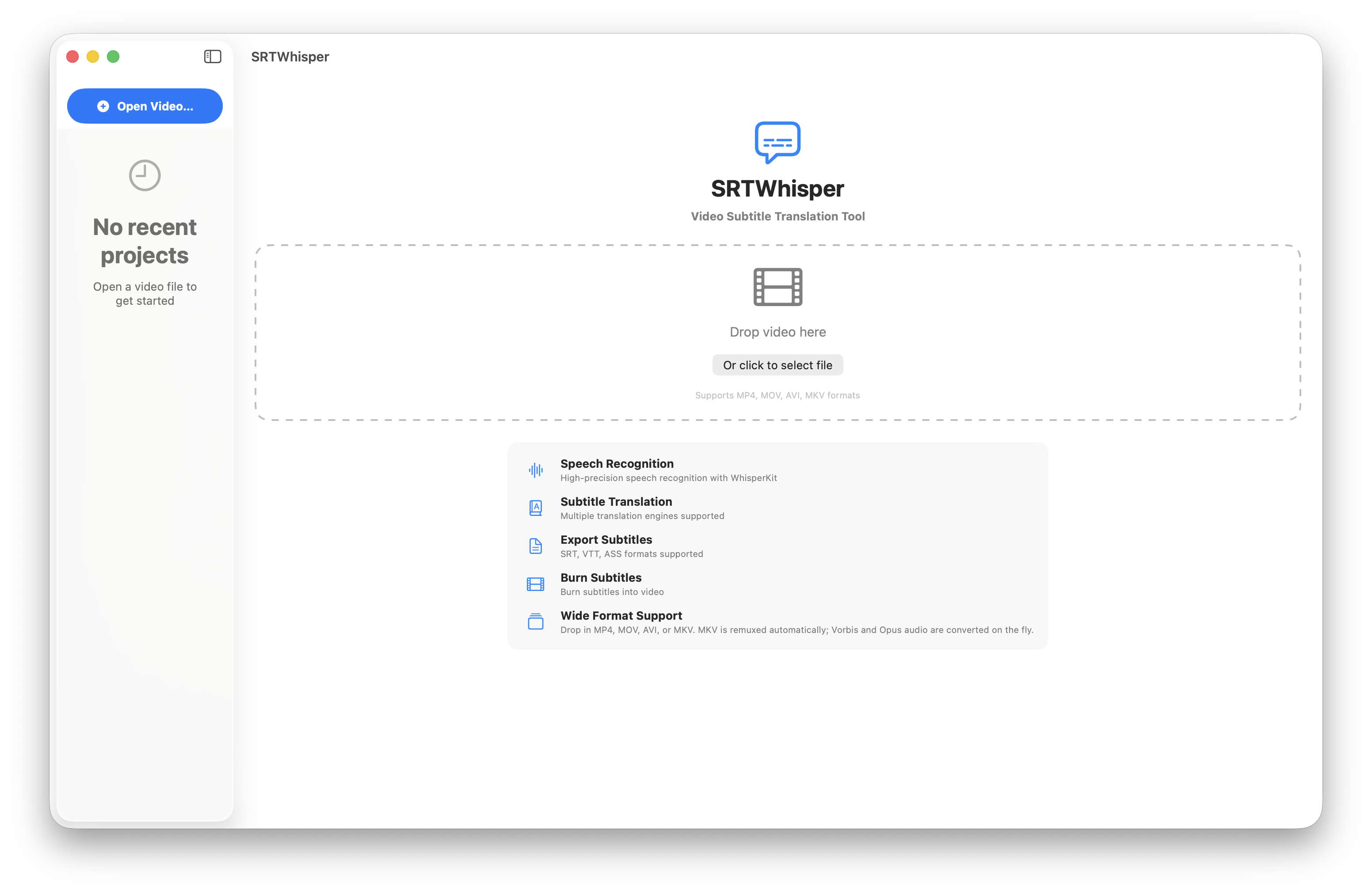 SRTWhisper home screen, ready for a video