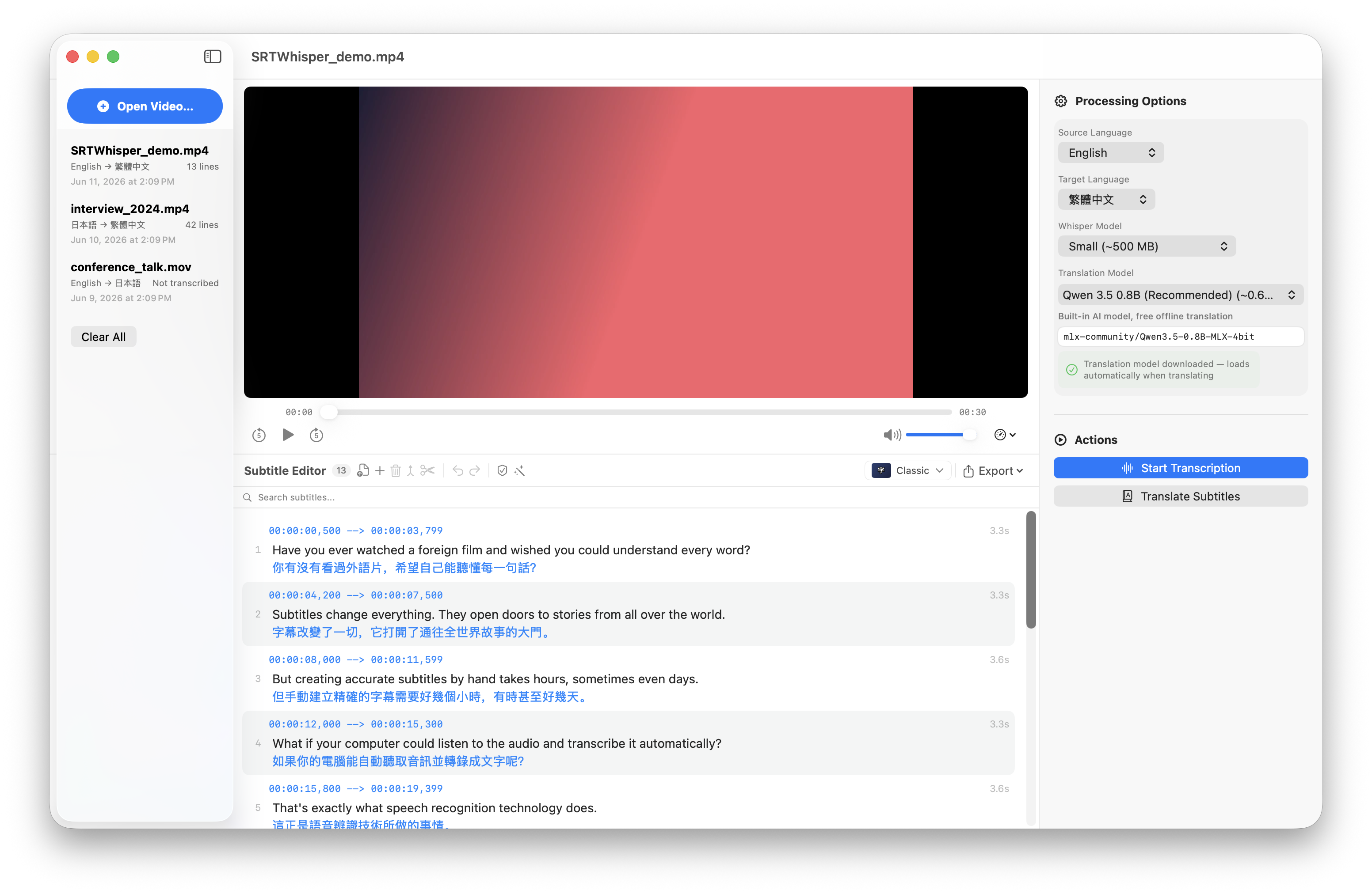 SRTWhisper workspace showing a video with synced subtitles