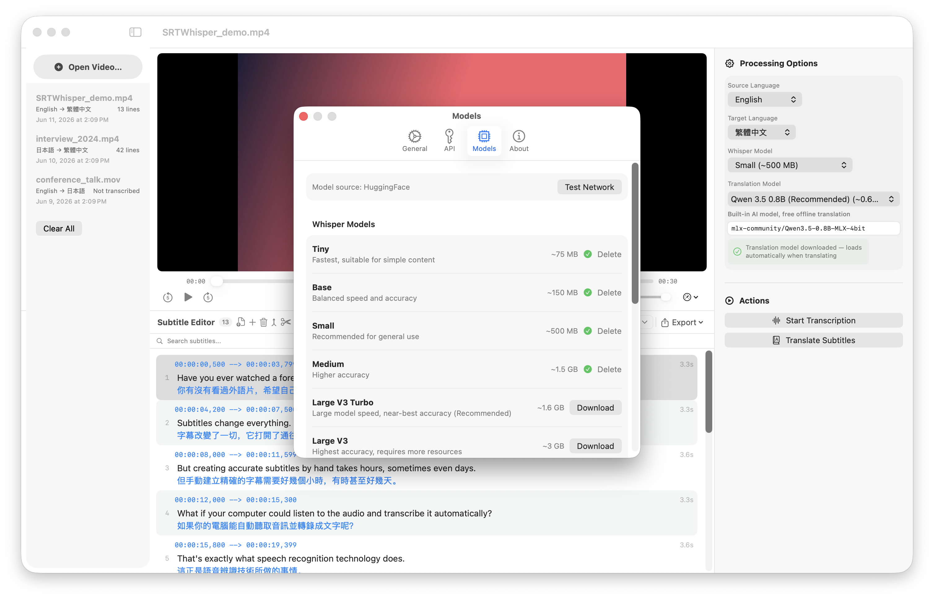 Whisper model picker in SRTWhisper settings