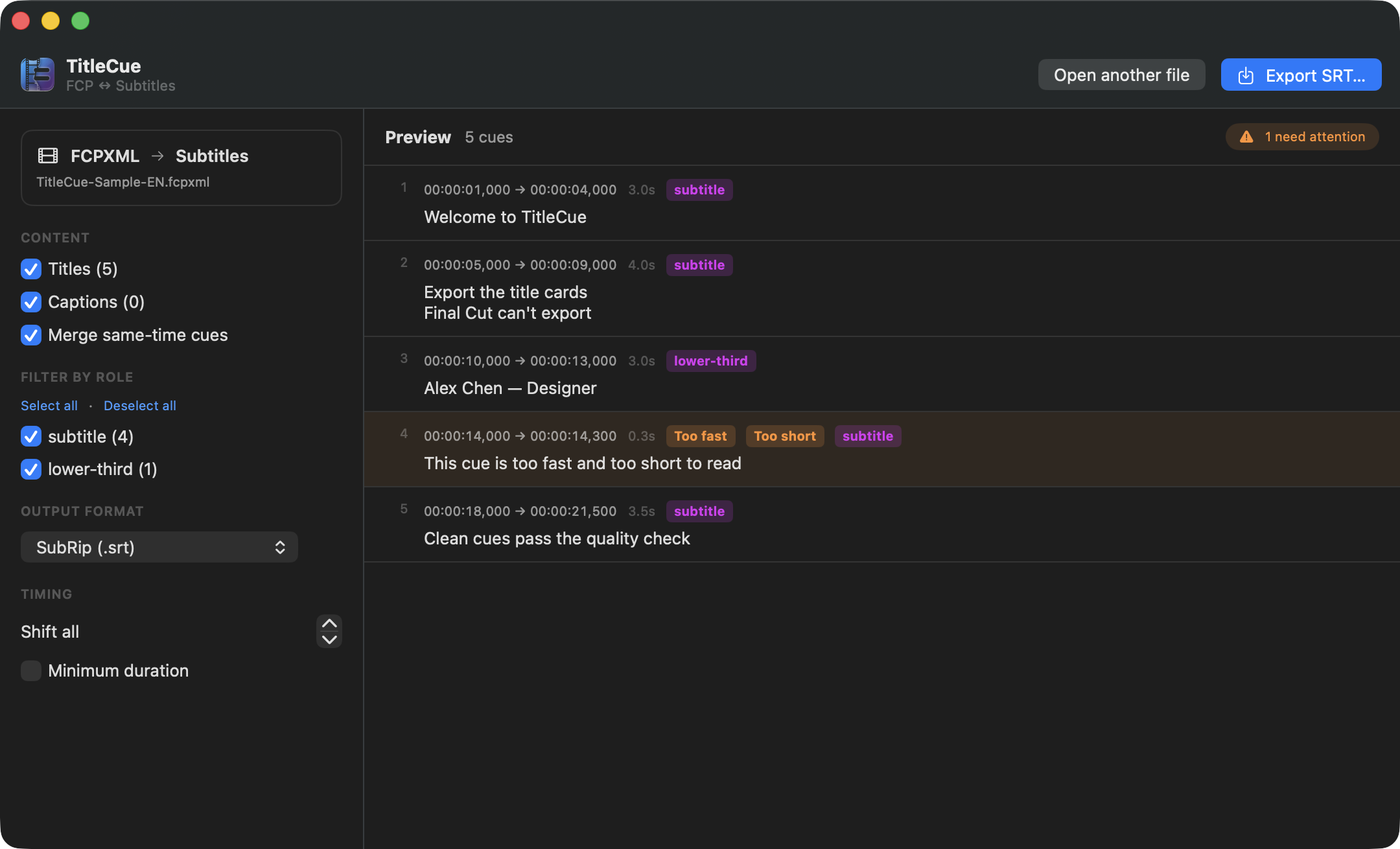 TitleCue converting Final Cut titles and captions into subtitle cues with quality checks