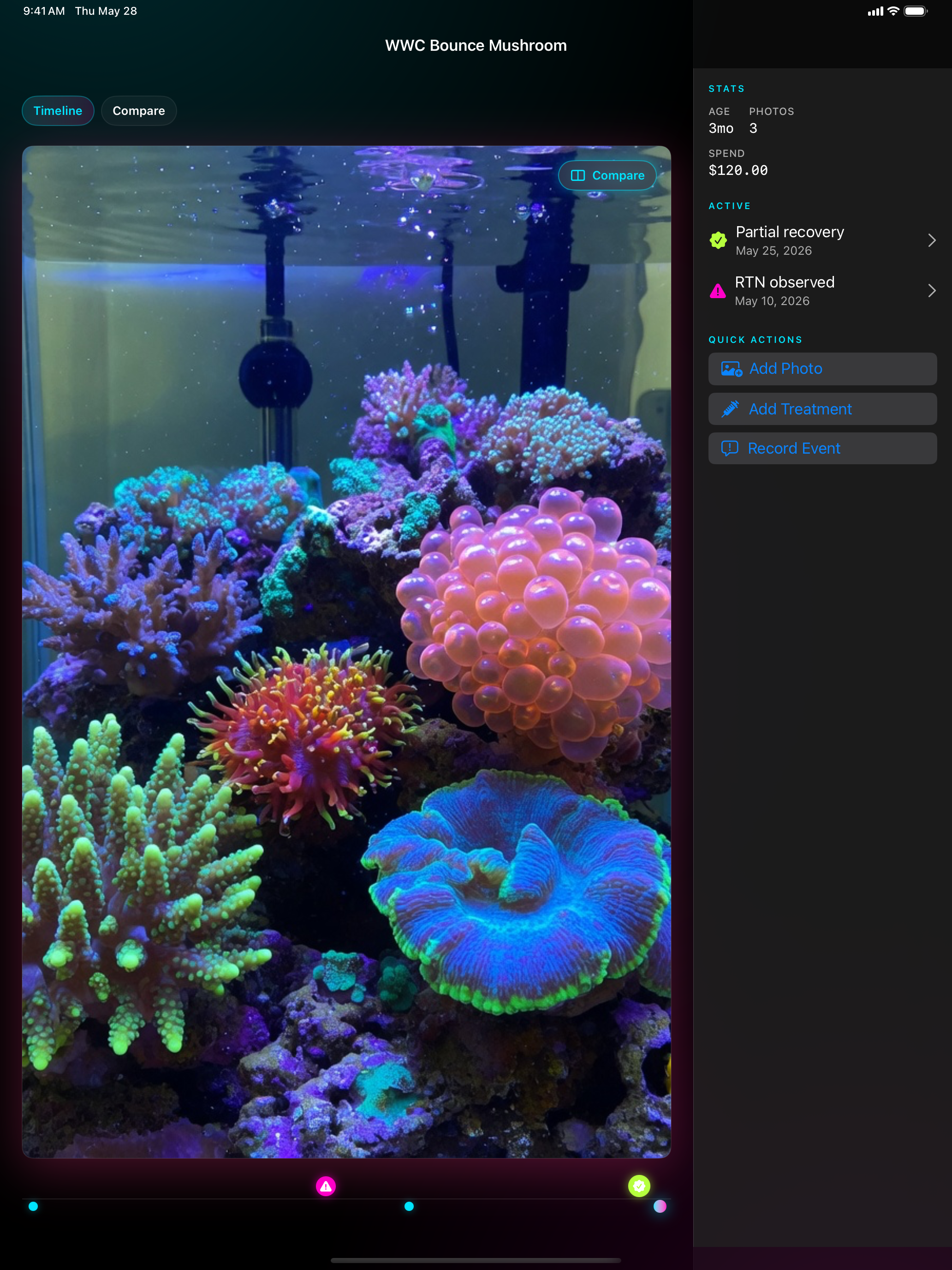 CoralDetail showing a WWC Bounce coral with photo timeline and dose markers