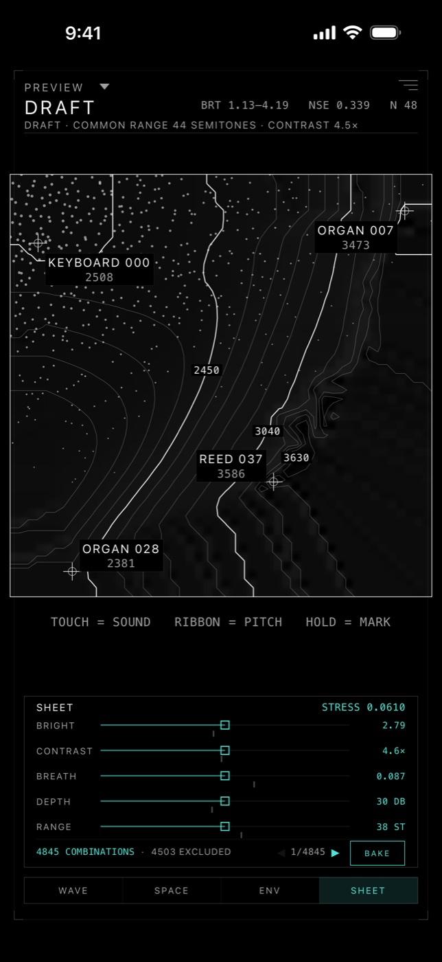 Contour custom sheet composer with five sound-character controls
