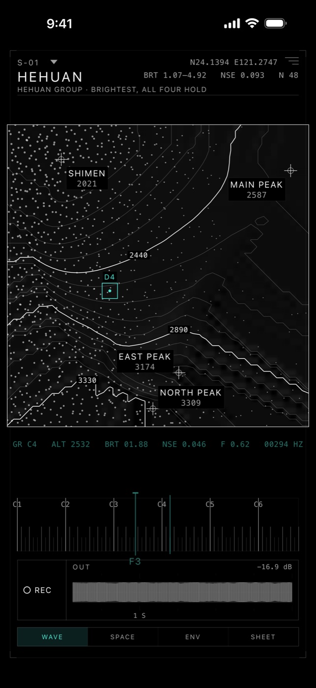 Contour interface showing the Hehuan timbre terrain, pitch ribbon, waveform and controls