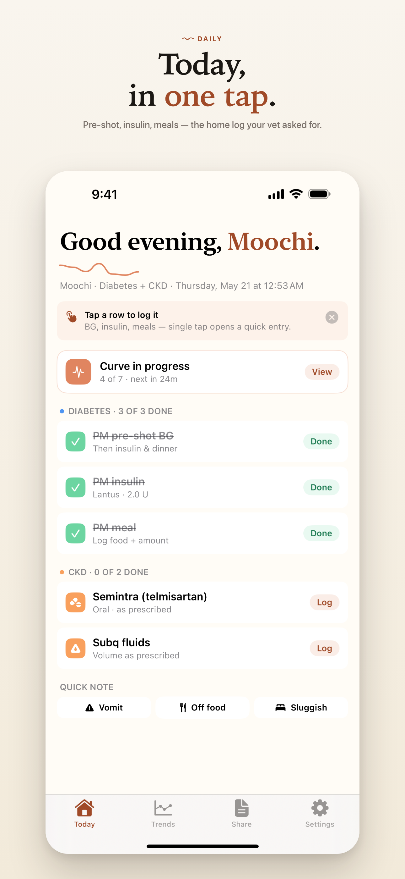 Today screen — daily checklist with pre-shot, insulin, and meal rows for the cat Moochi.