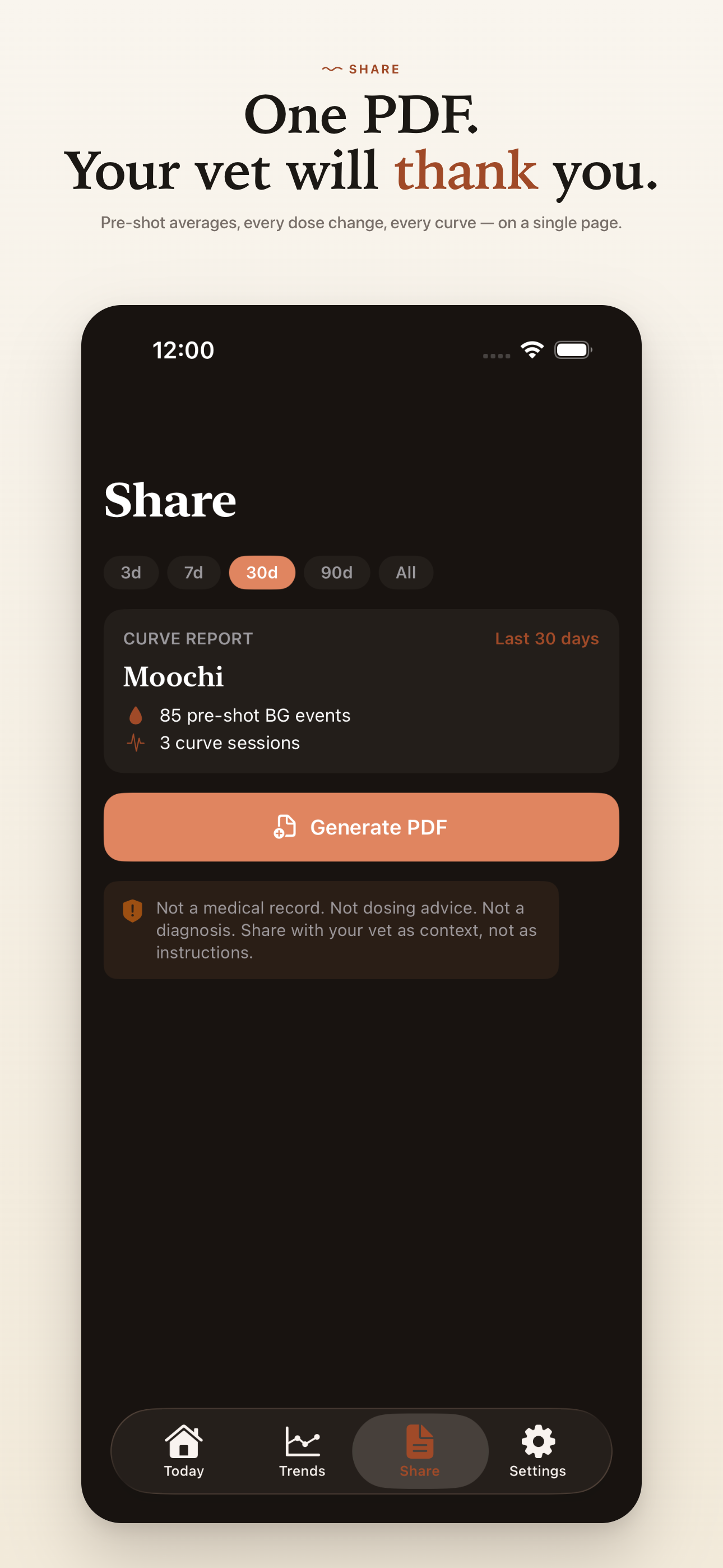 Share screen — pick a date range and generate a vet-ready PDF report with one tap.