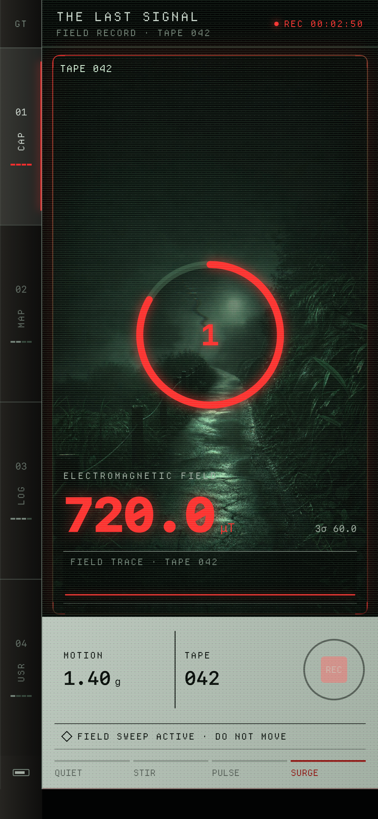 GhostTrail surge-tier field capture screen