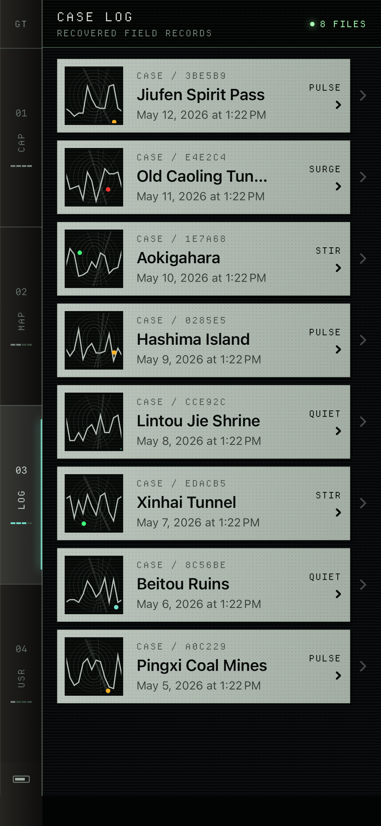 GhostTrail case log screen