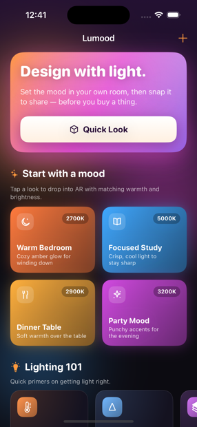 The Lumood home screen with lighting mood presets