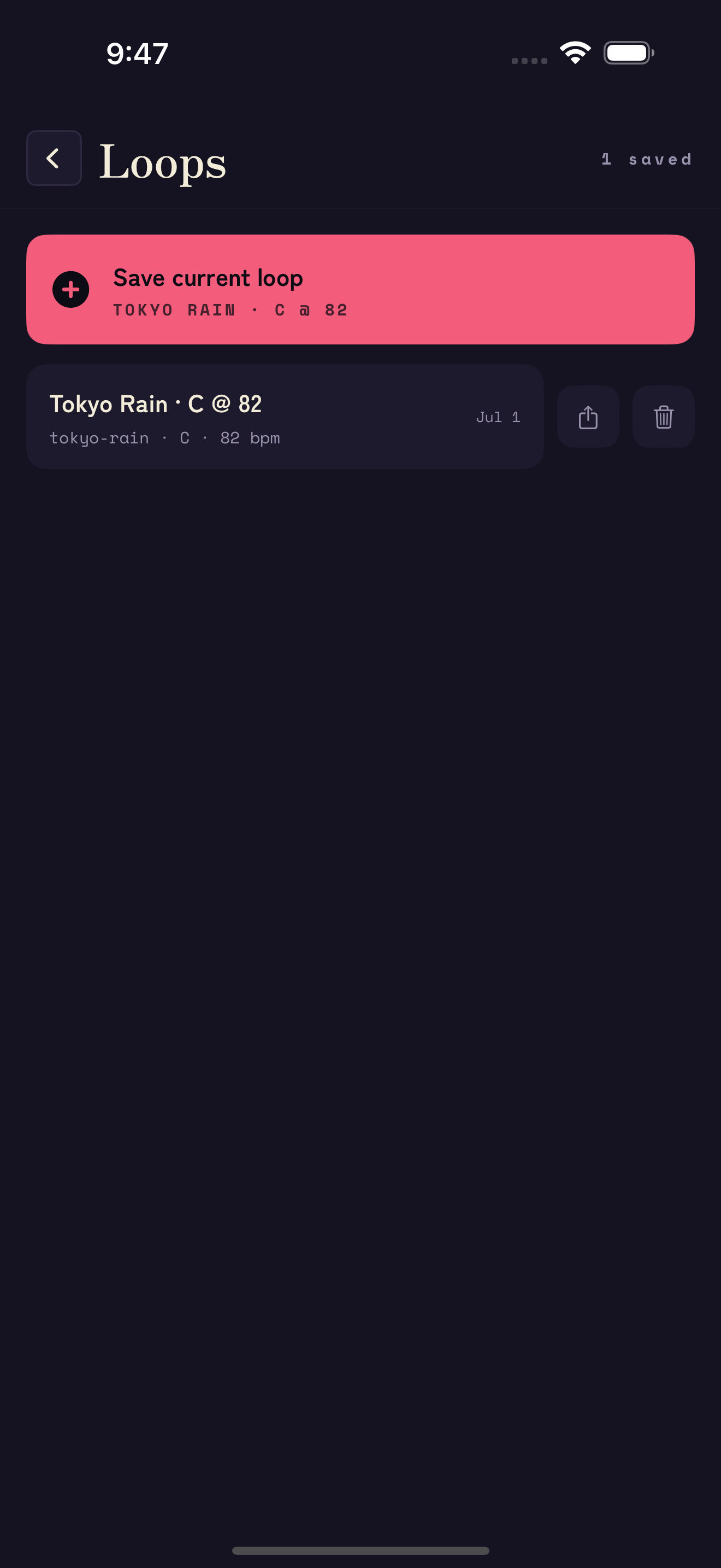 The loop library, with a saved loop showing its pack, key and tempo