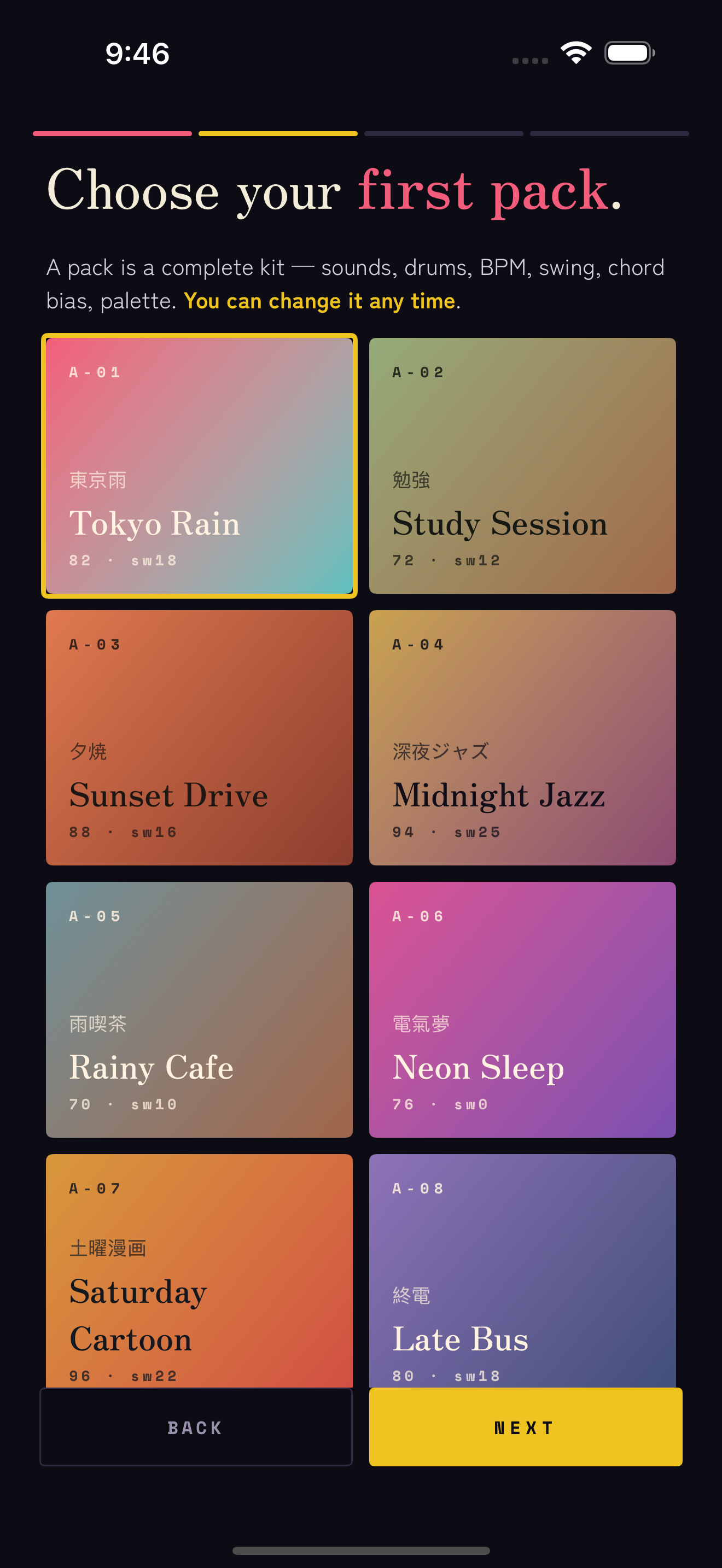 Matcha's pack picker — eight mood packs as coloured tiles