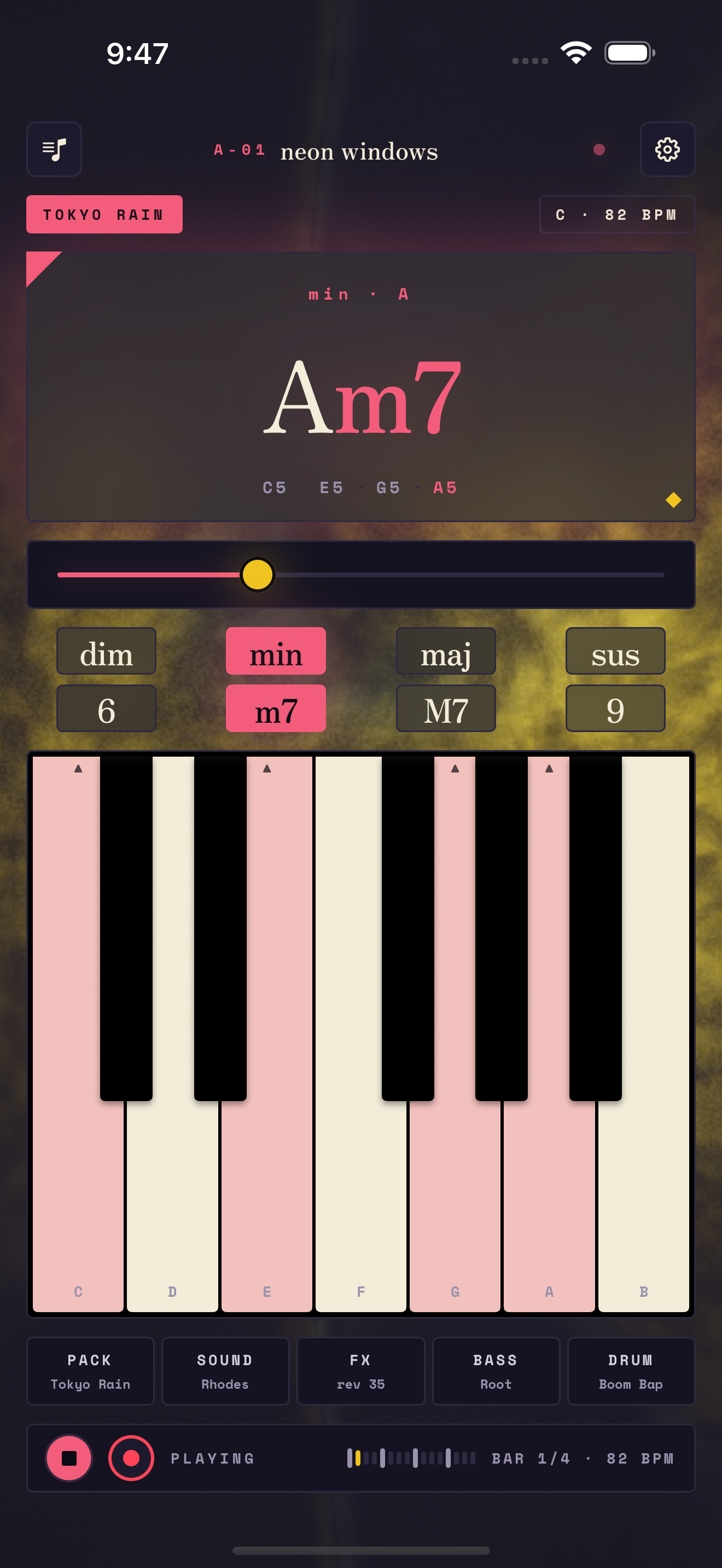 Matcha's playing screen — an Am7 chord above a lit keyboard, ink blooming behind it