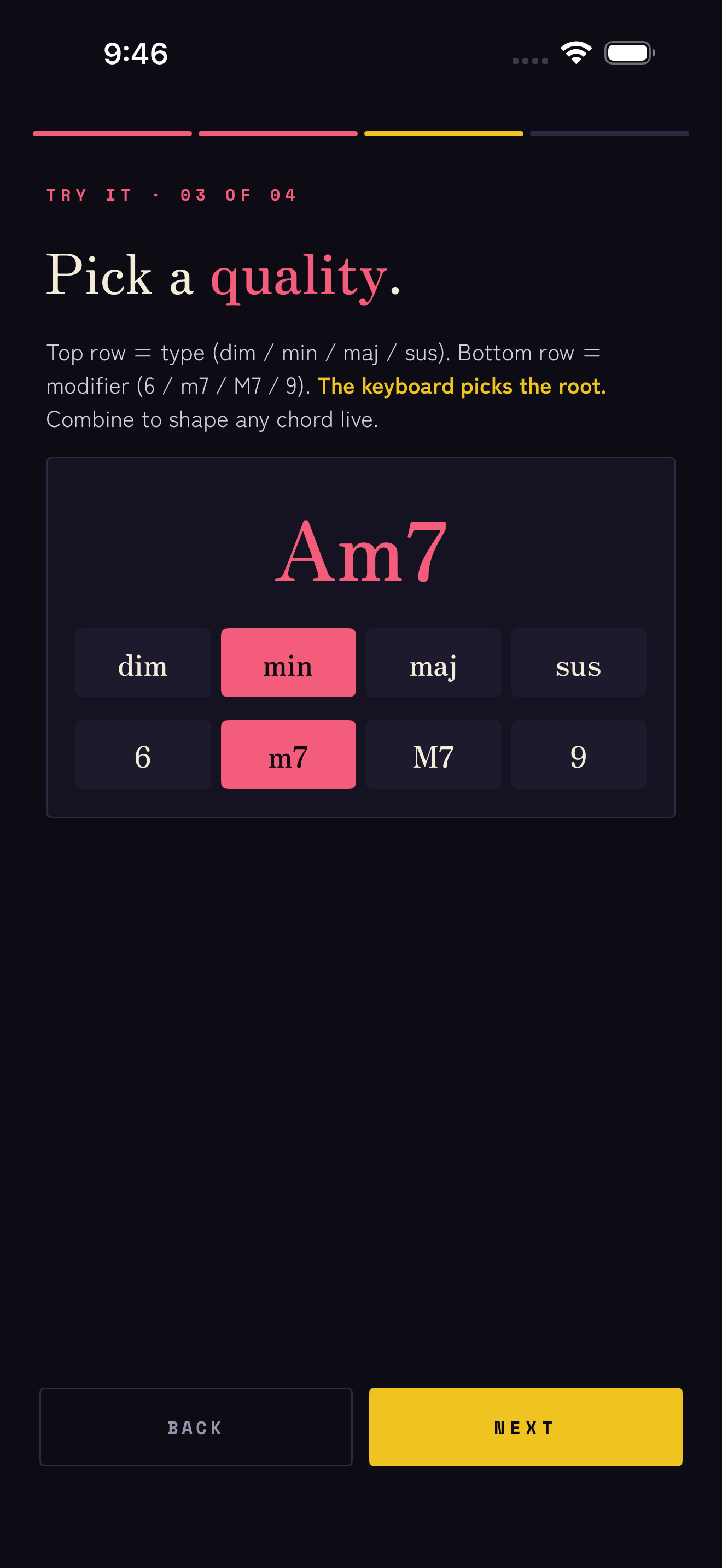 The chord grid — type on the top row, colour on the bottom, showing Am7