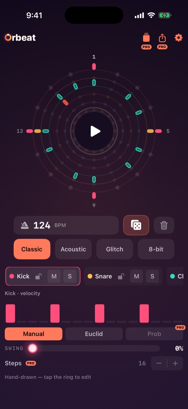 The Orbeat app: a circular sequencer with colored step lanes, drum kits, and controls