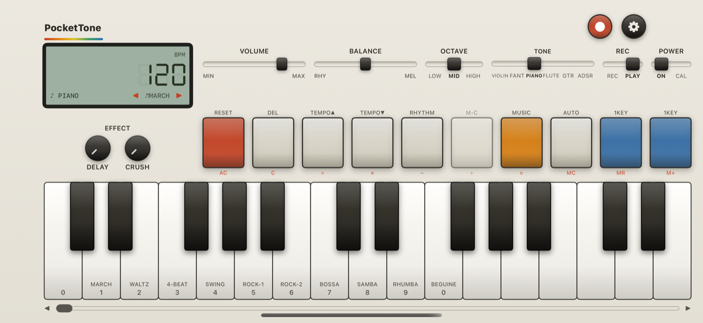 PocketTone running on iPhone in landscape: green LCD, faders, colored function keys and a piano keyboard