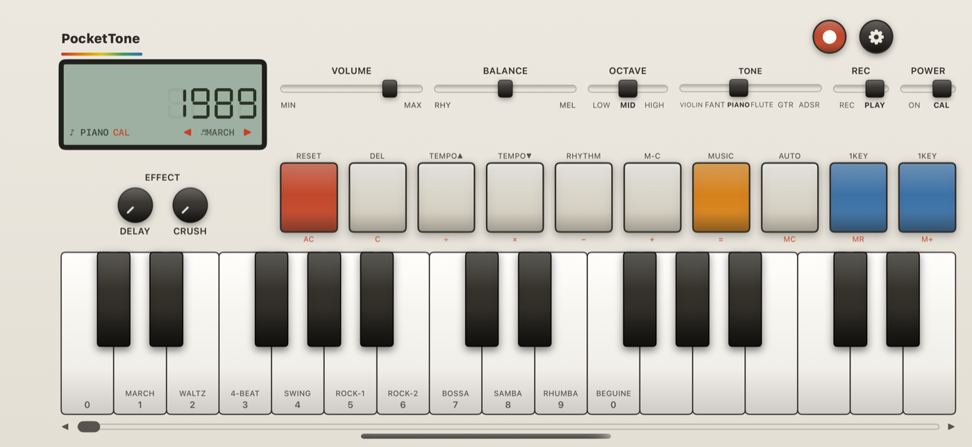 PocketTone calculator mode, which plays the keypad as a melody