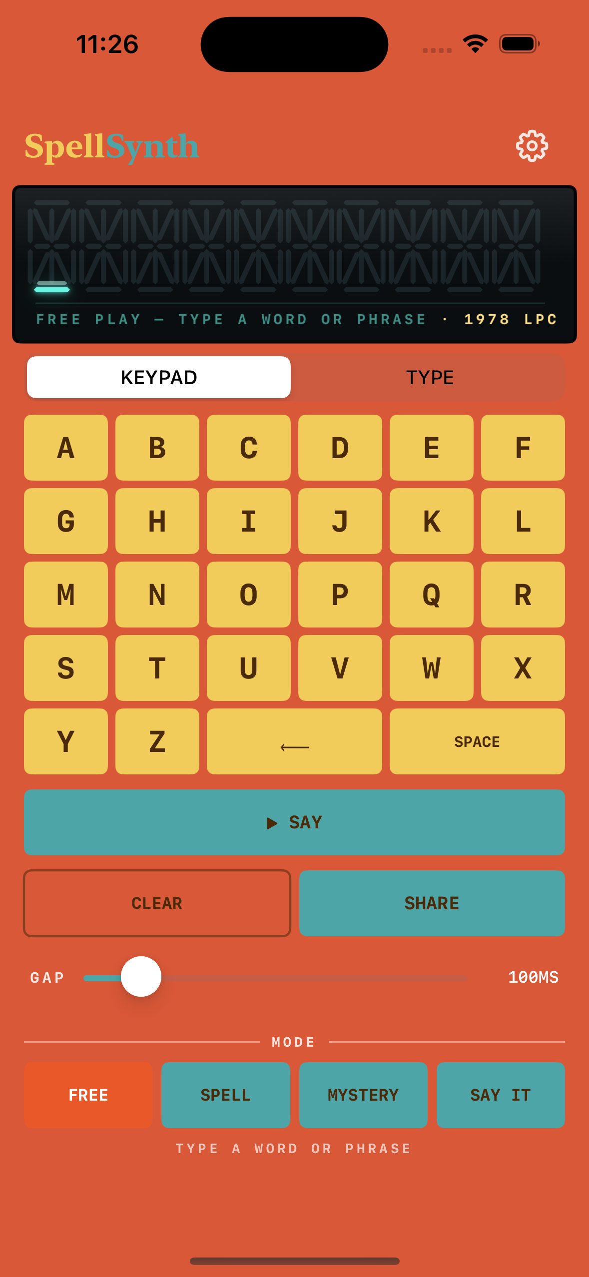 SpellSynth Free Play — type a multi-word phrase and hear it spoken aloud