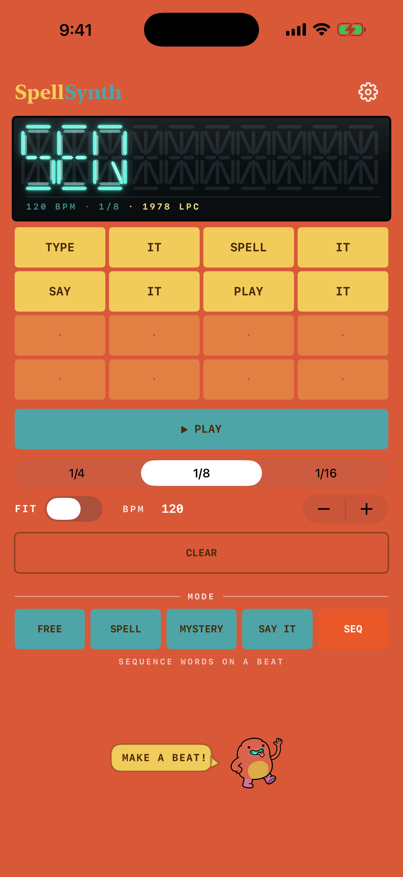 SpellSynth SEQ mode — a 16-step sequencer with a word on each step